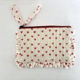 Handmade Quilted Pouch, Red Hearts On White