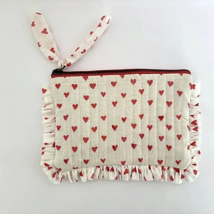 Handmade Quilted Pouch, Red Hearts On White